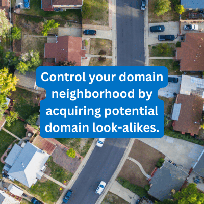 a aerial view of a neighborhood with text overlay that reads Control your domain neighborhood by acquiring potential domain look-alikes.