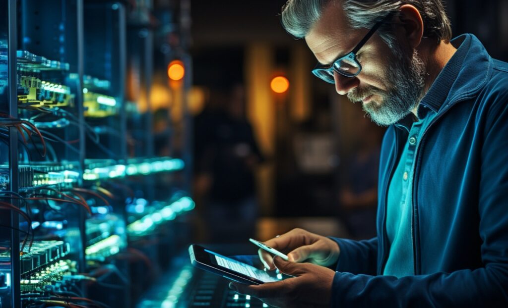 IT professional looking over some equipment.