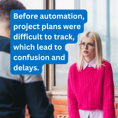 Female project manager with concerned look on her face with text overlay that reads Before automation, project plans were difficult to track, which lead to confusion and delays.