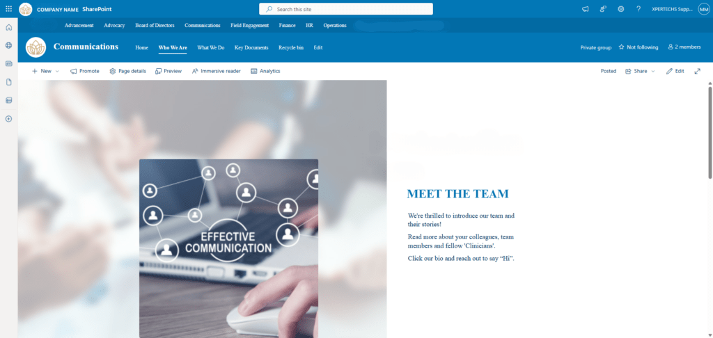 Screenshot of the editing interface of the next-gen SharePoint intranet site of a nonprofit
