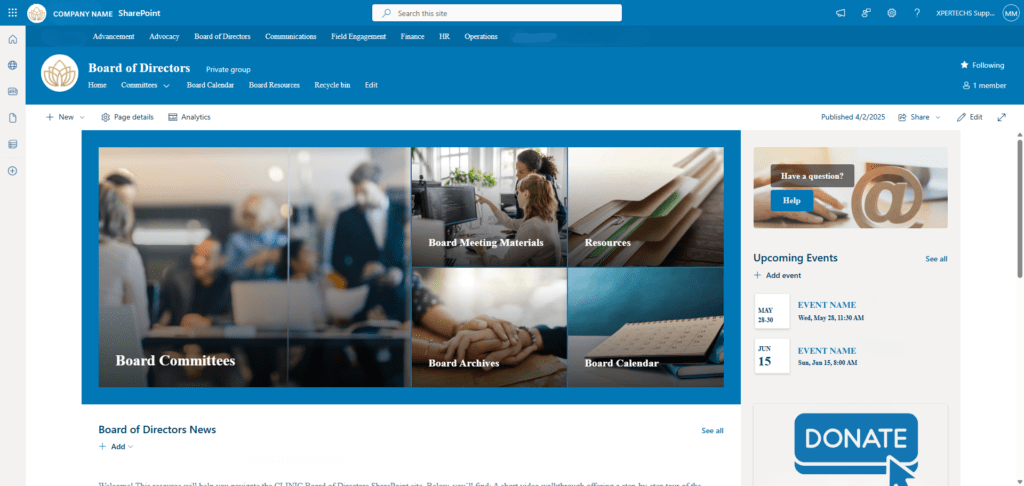 Screenshot of the Board of Directors hub on the next-gen SharePoint intranet for a nonprofit.
