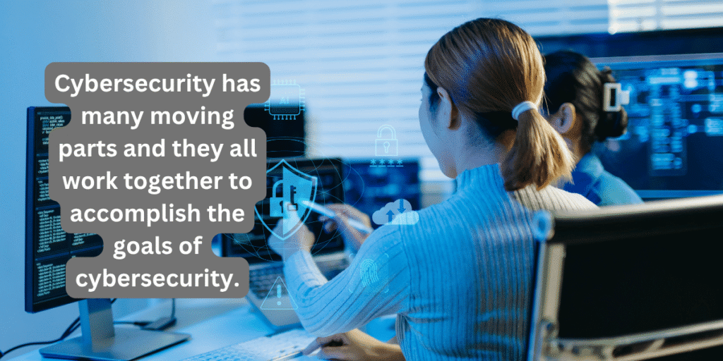 Two security analysts talking about cybersecurity analysis on computer screen