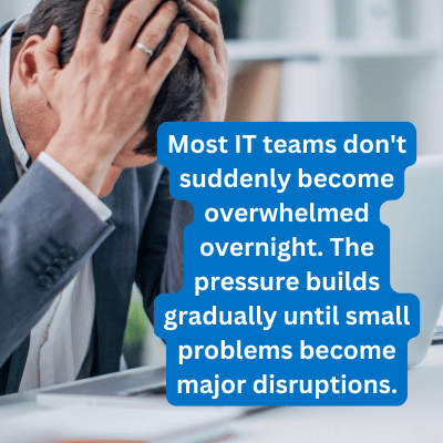 Business person holding his head in frustration with text overlay that reads - Most IT teams don't suddenly become overwhelmed overnight. The pressure builds gradually until small problems become major disruptions.