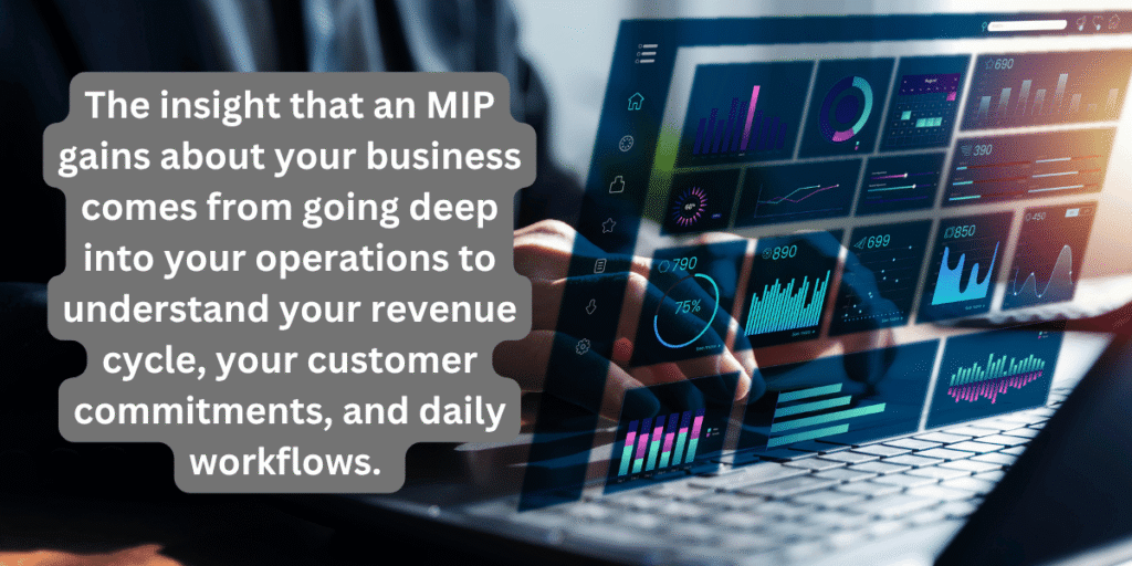 Graphic representing business processes with text overlay that reads - The insight that an MIP gains about your business comes from going deep into your operations to understand your revenue cycle, your customer commitments, and daily workflows.
